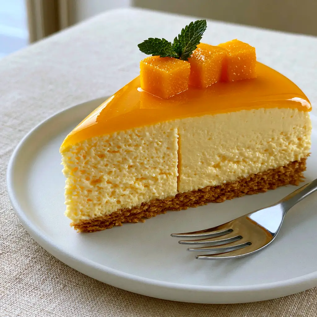 A minimalist view of a mango mousse cake slice topped with fresh mango cubes and mint on a light-grey stone surface.