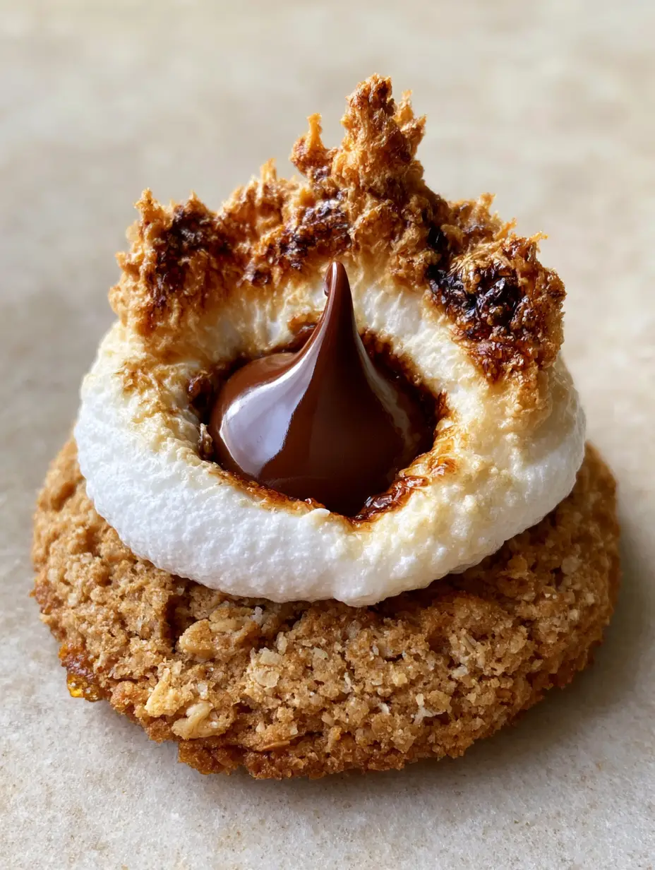 Handheld photo of a single s'mores blossom cookie showing the textured graham cracker base and charred marshmallow crown.