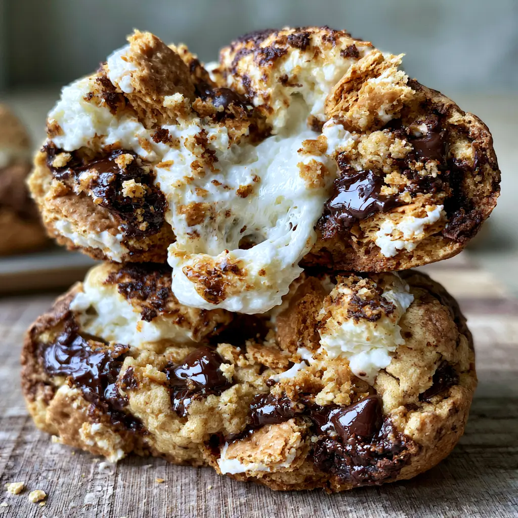 Handheld photo showing a warm s'mores chocolate chip cookies pull with an ultra-stretchy marshmallow center and glistening dark chocolate.