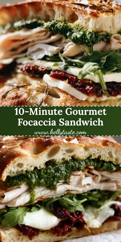 A gourmet Italian Turkey Focaccia Sandwich sliced in half on parchment paper, showing layers of turkey ribbons, pesto, and mozzarella. (Italian Turkey Focaccia Sandwiches)