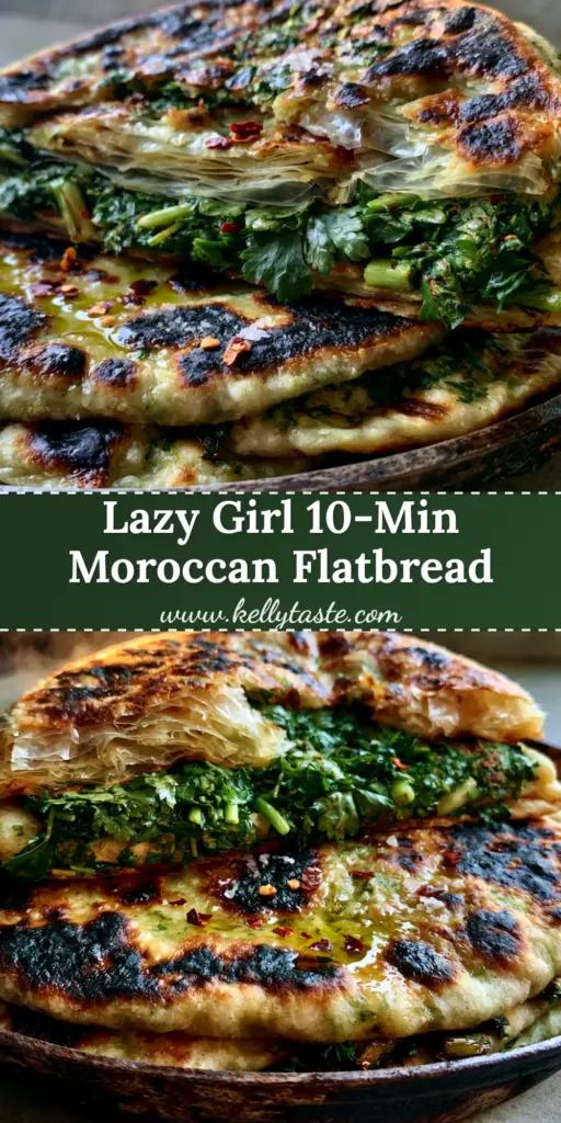 A stack of Moroccan herb-stuffed flatbreads torn open to show translucent layers and green herbs on a cast iron skillet. (moroccan herb-stuffed flatbread)