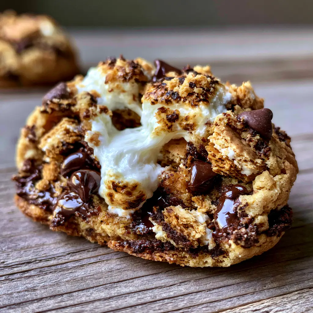 Close up of the texture of s'mores chocolate chip cookies highlighting crispy graham cracker chunks and melted chocolate chips.