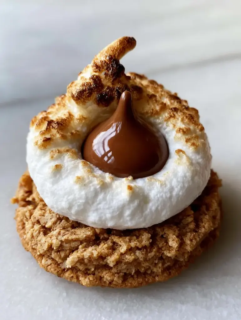 Detail shot of the charred marshmallow and melting milk chocolate Kiss on top of a s'mores blossom cookie.