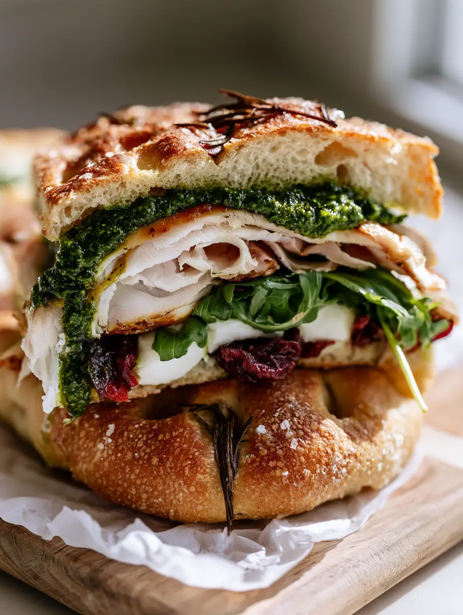 Close-up 45-degree angle shot of an Italian Turkey Focaccia Sandwich revealing dense layers of turkey and bright green pesto. (Italian Turkey Focaccia Sandwiches)