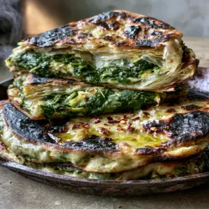 Close-up of golden-brown moroccan herb-stuffed flatbread with charred skillet bubbles and emerald herbs. (moroccan herb-stuffed flatbread)