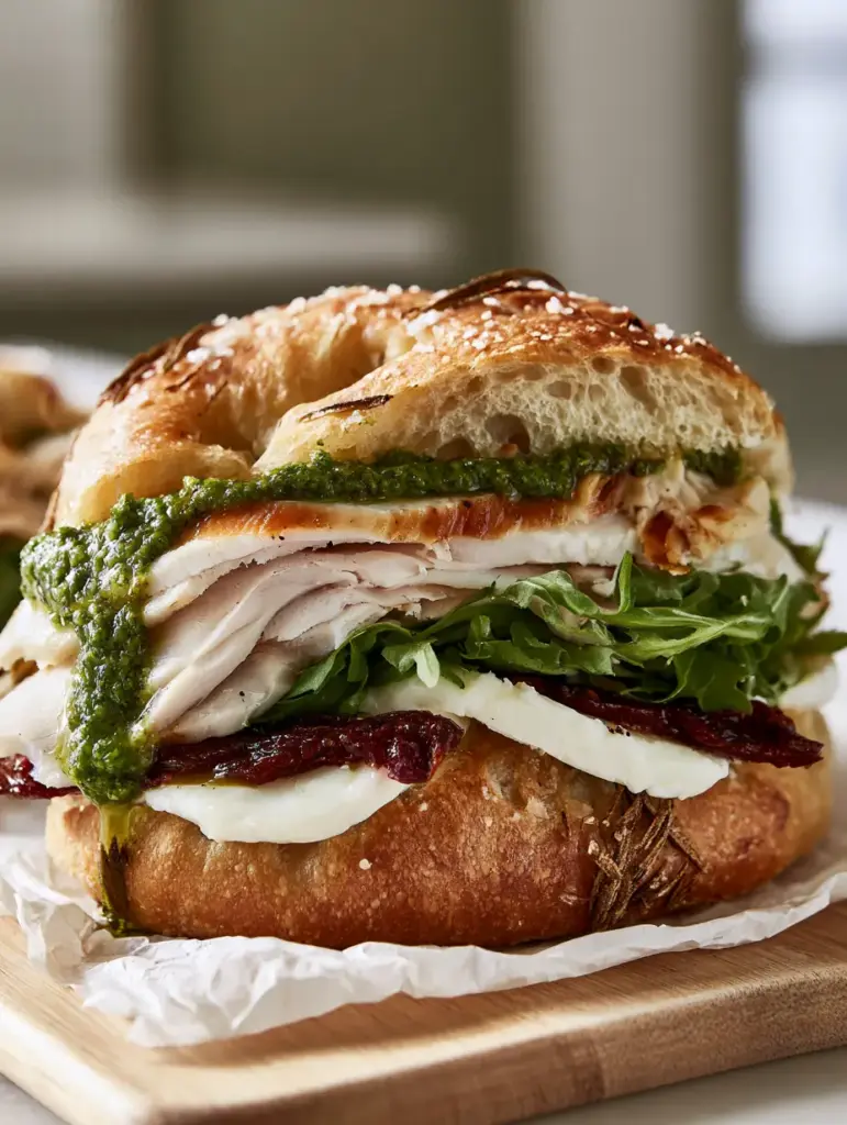 A side-lit shot of a rosemary focaccia sandwich with visible sea salt flakes and roasted turkey breast ribbons.