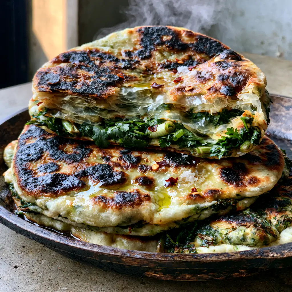 Visual details of translucent dough layers stuffed with finely chopped cilantro and scallions. (moroccan herb-stuffed flatbread)