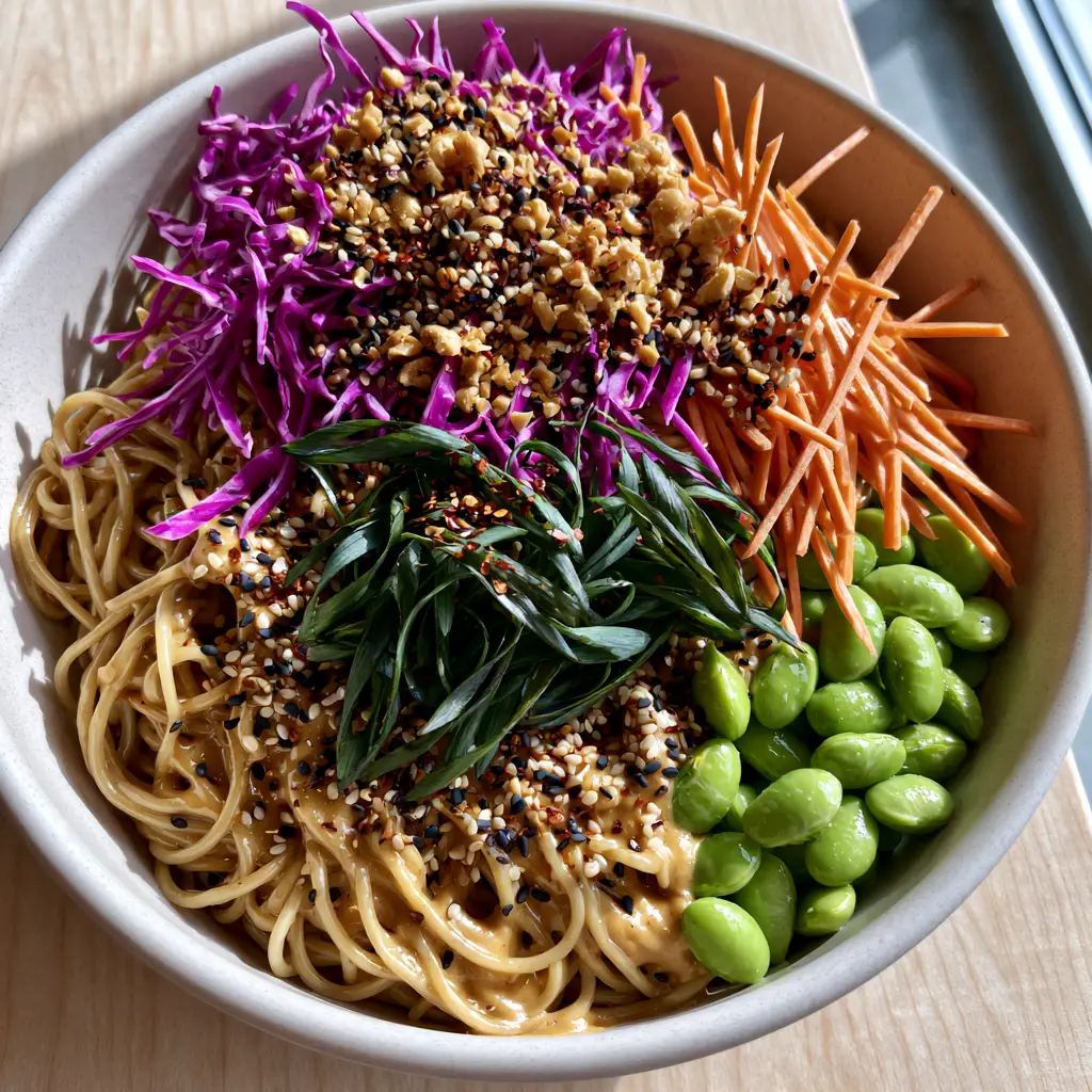 Close-up of glossy sesame noodles coated in shimmering peanut sauce with vibrant vegetable clusters.
