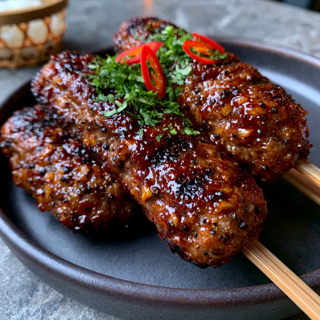 Close-up of Thai-style ground pork skewers showing the detail of the garlic bits, black pepper, and sticky honey glaze.