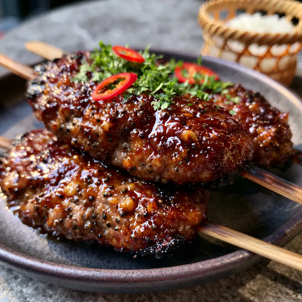 Thai-style ground pork skewers resting on a dark ceramic plate with a side of sticky rice in a bamboo basket.