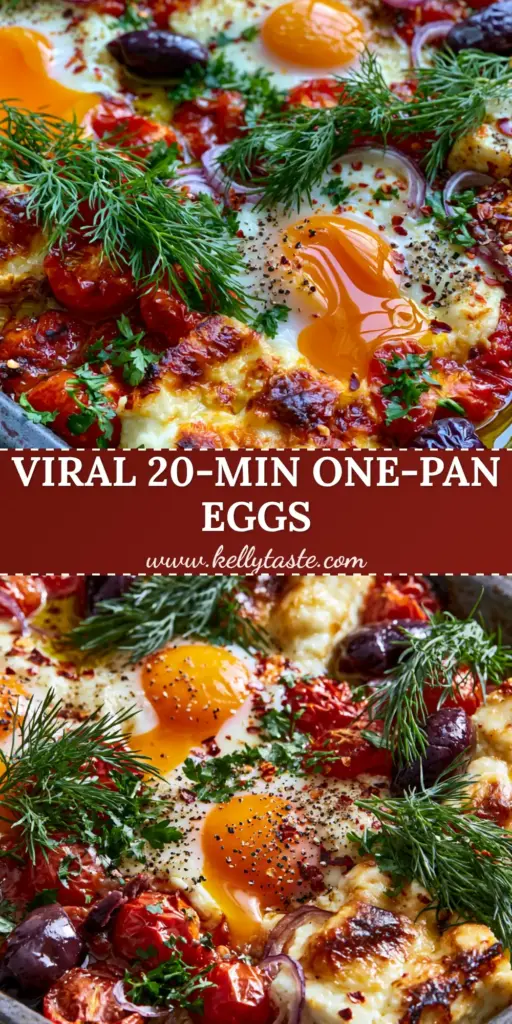 A rustic ceramic dish containing Mediterranean Baked Feta Eggs with bubbling feta, blistered tomatoes, and one broken bright orange yolk spilling into the oil. (Mediterranean Baked Feta Eggs)