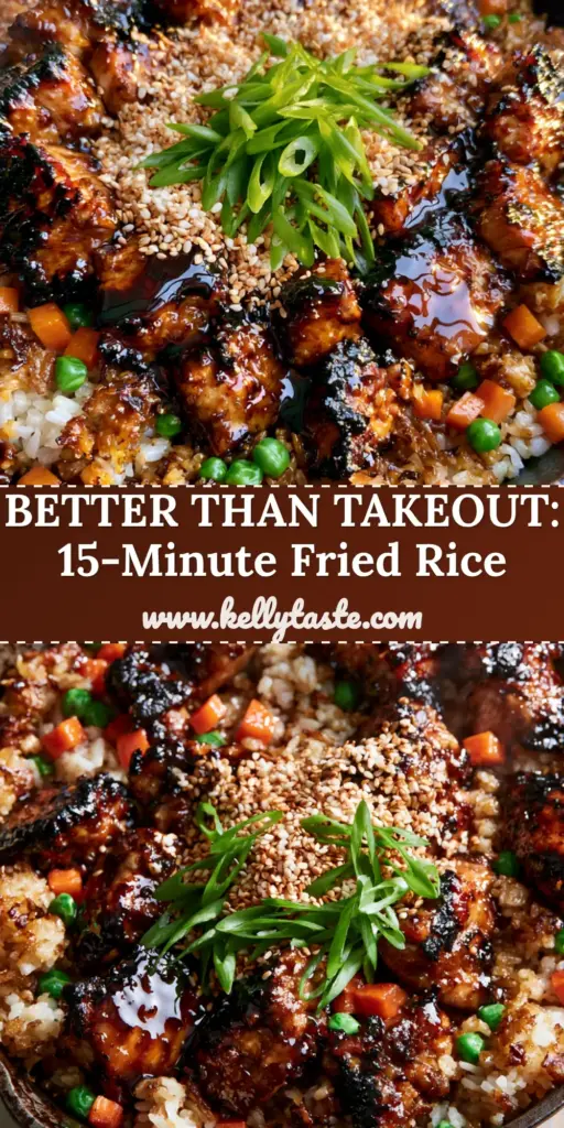 A rustic black cast iron skillet overflowing with Teriyaki Chicken Fried Rice, featuring seared chicken chunks and a glossy glaze. (Teriyaki Chicken Fried Rice)