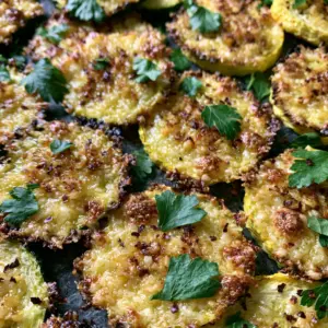 Extreme close-up of bubbling golden-brown parmesan crust on roasted zucchini rounds. (garlic parmesan zucchini and squash medley)