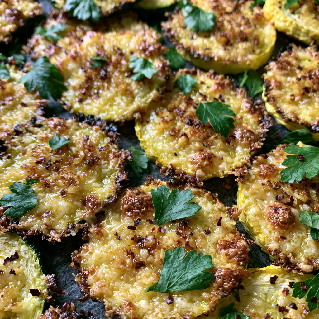 Extreme close-up of bubbling golden-brown parmesan crust on roasted zucchini rounds. (garlic parmesan zucchini and squash medley)
