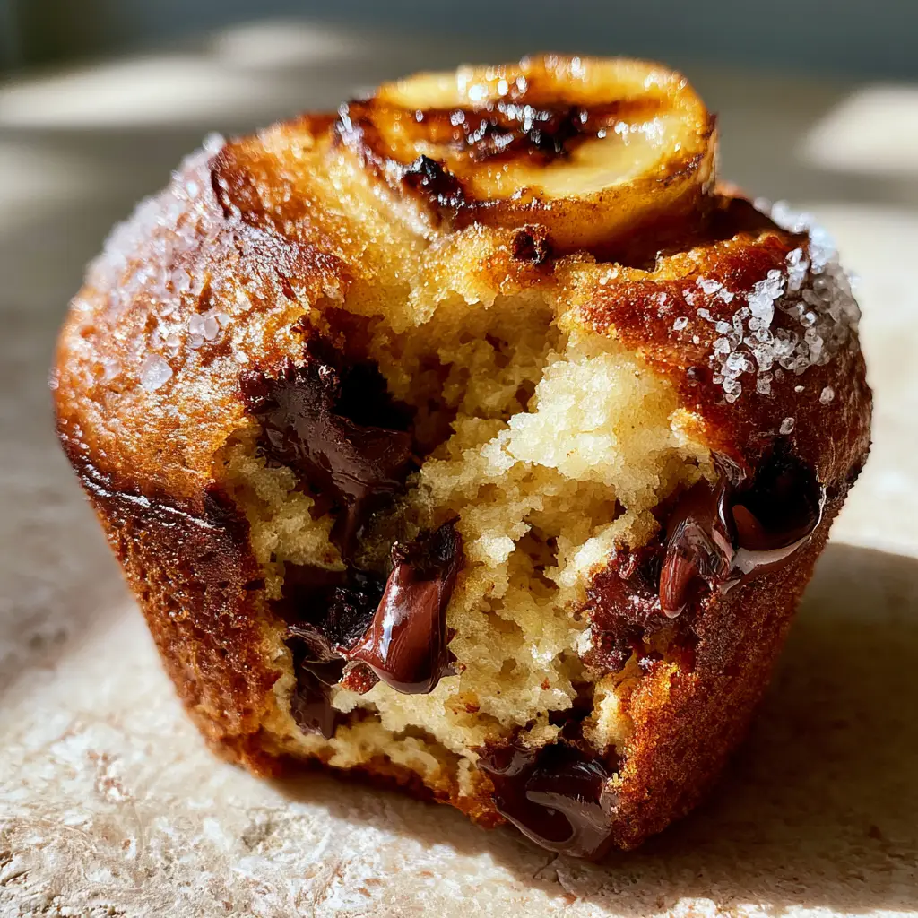 A macro photo of a handheld banana bread muffin pulled apart to show the ultra-moist fluffy interior crumb. (banana bread muffins)