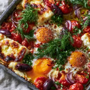 Extreme close-up of Mediterranean Baked Feta Eggs showing the glossy orange yolk and blistered red tomato skins. (Mediterranean Baked Feta Eggs)