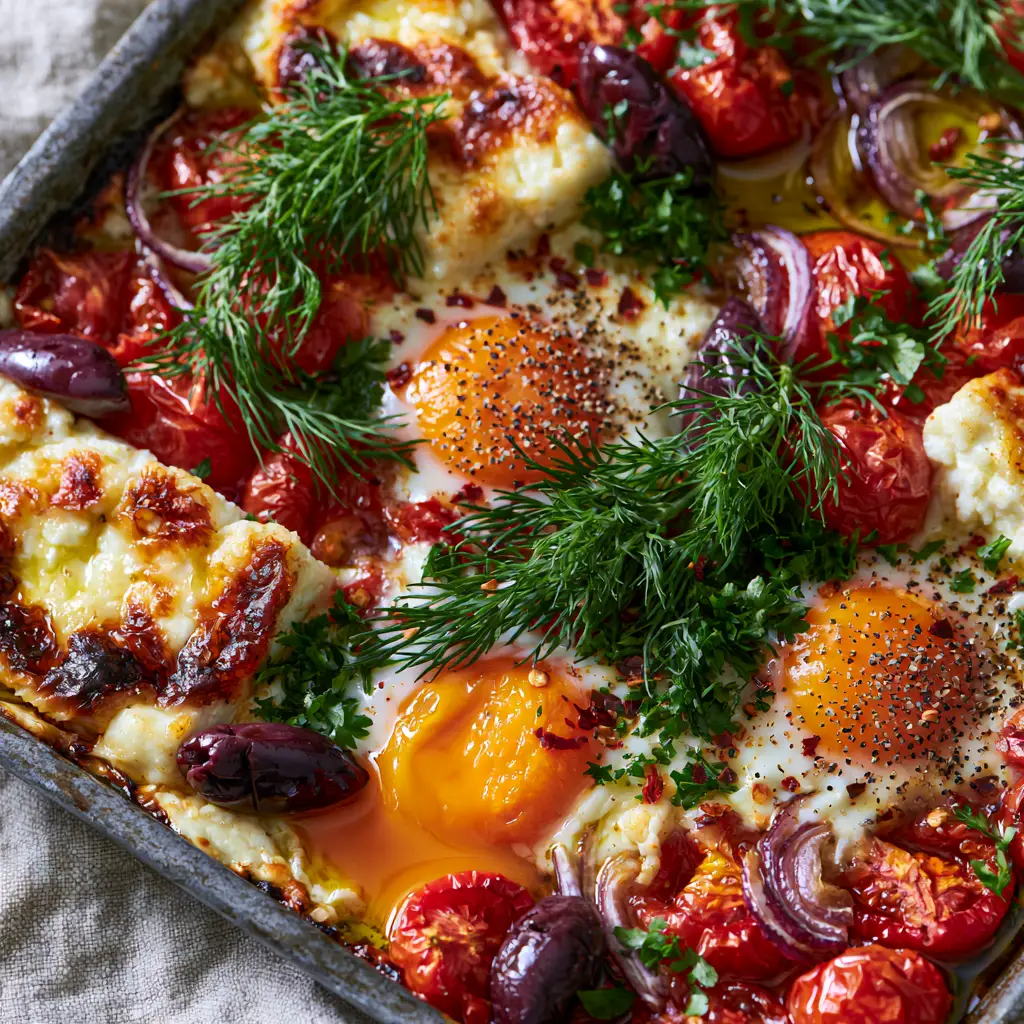 Extreme close-up of Mediterranean Baked Feta Eggs showing the glossy orange yolk and blistered red tomato skins. (Mediterranean Baked Feta Eggs)