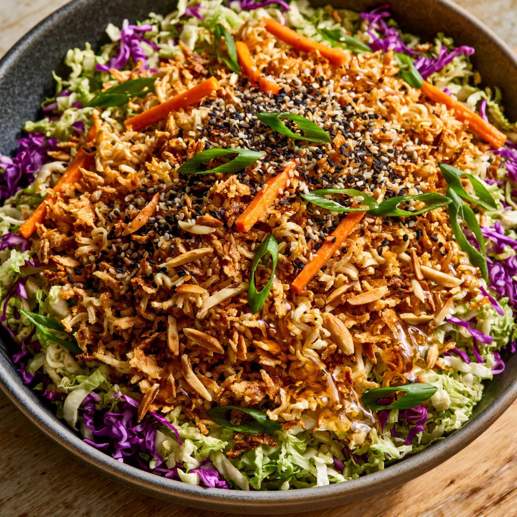 Close up of glossy ginger-soy dressing glazing a Ramen noodle salad with purple cabbage and scallions.