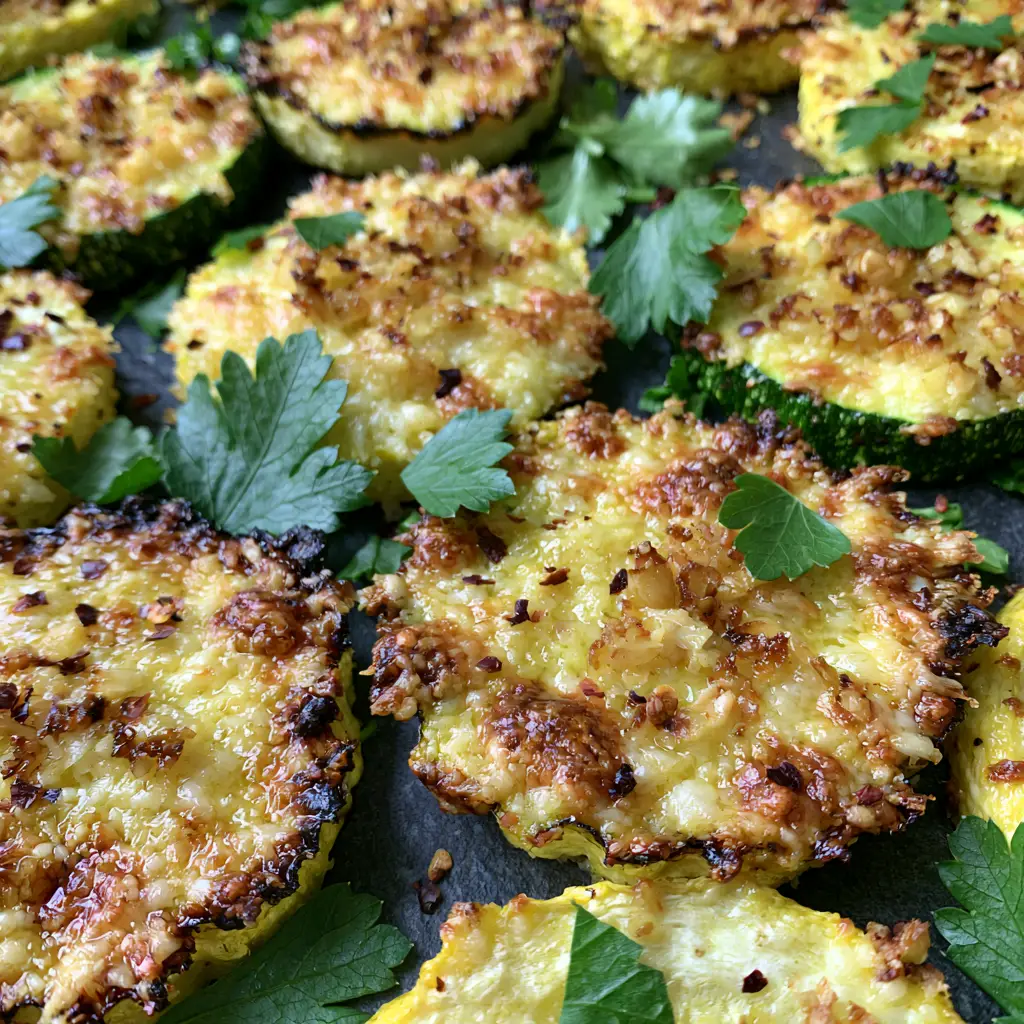 Roasted yellow squash slices with charred edges and melted parmesan cheese on a dark background. (garlic parmesan zucchini and squash medley)