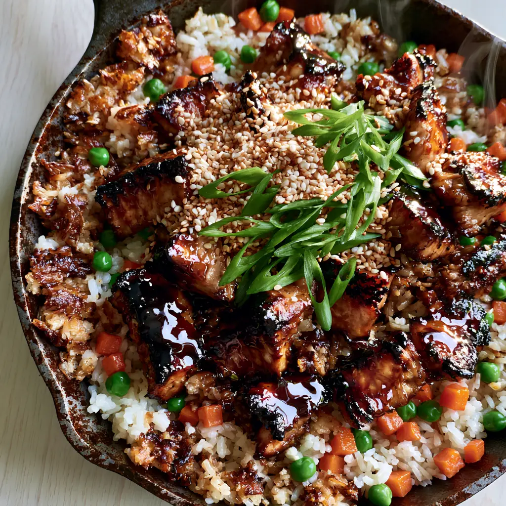 Top-down view of glistening Teriyaki Chicken Fried Rice with charred chicken thighs and vibrant peas in a skillet. (Teriyaki Chicken Fried Rice)