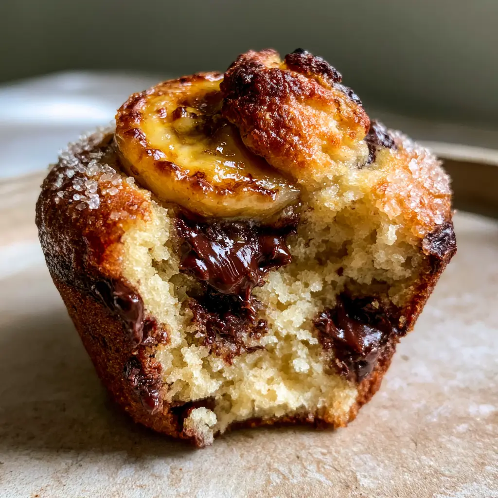 A tall golden-brown banana bread muffin dome with a rustic crack and half-melted glossy dark chocolate chips.