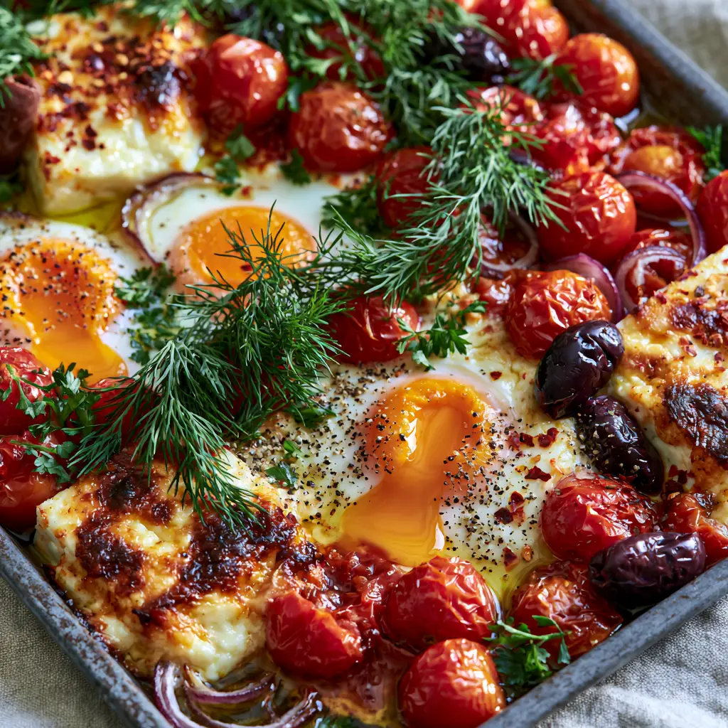 A top-down view of the Mediterranean Baked Feta Eggs dish with wilted spinach and chopped chives on a stone countertop.