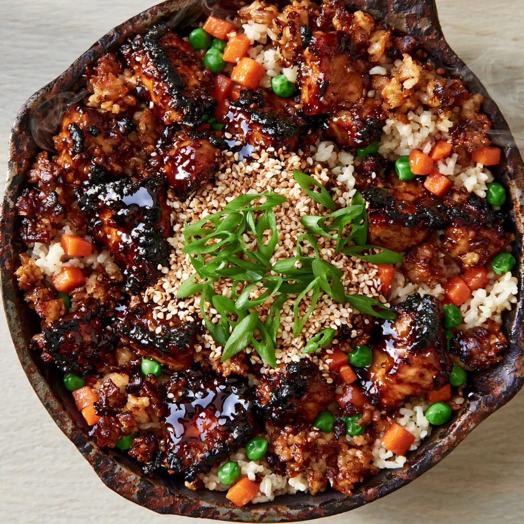 Close-up of crispy jasmine rice grains mixed with carrots and sesame seeds. (Teriyaki Chicken Fried Rice)