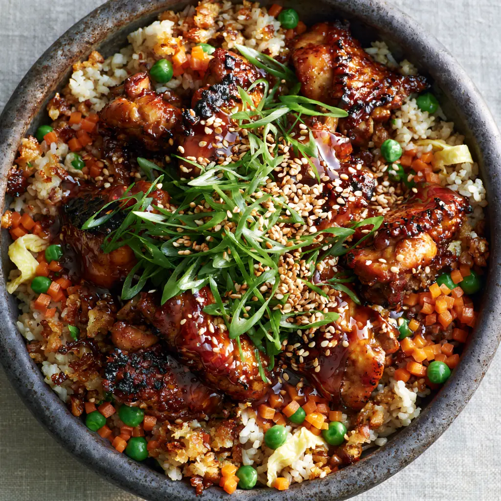 Extreme top-down close-up of Japanese BBQ Chicken Fried Rice showing charred chicken thighs and fluffy short-grain rice.