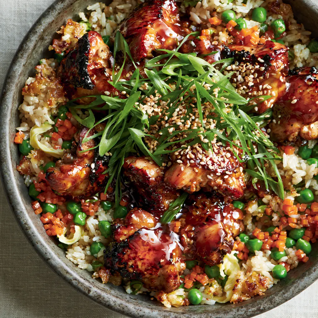 A glistening view of the mahogany umami glaze on the Japanese BBQ Chicken Fried Rice garnished with sesame seeds.
