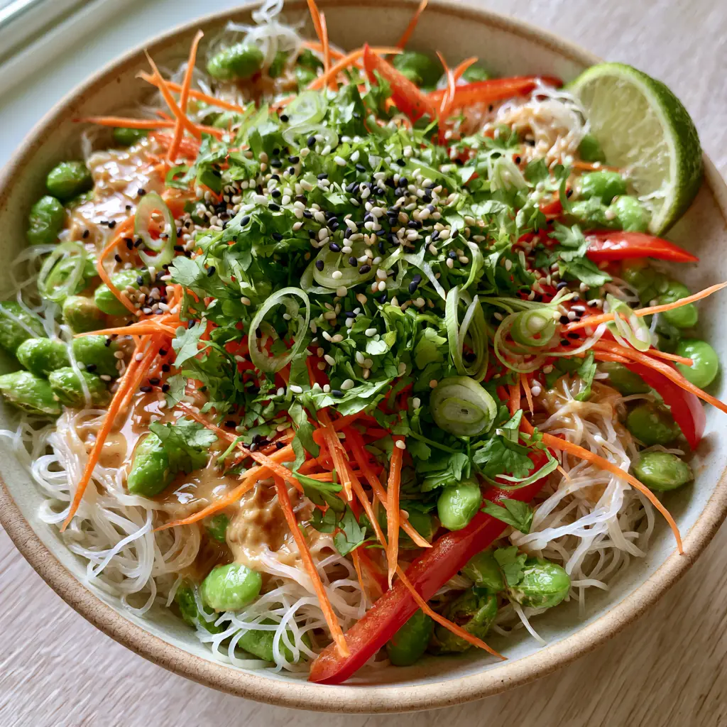 Full bowl of Edamame rice noodle salad garnished with cilantro, scallions, and black and white sesame seeds on a wood background.