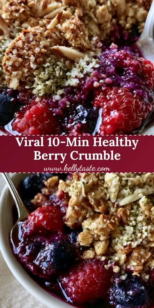 A macro photograph of a berry Breakfast Crumble in a rustic dish with a spoon lifting a portion of bubbling purple fruit and toasted oats.