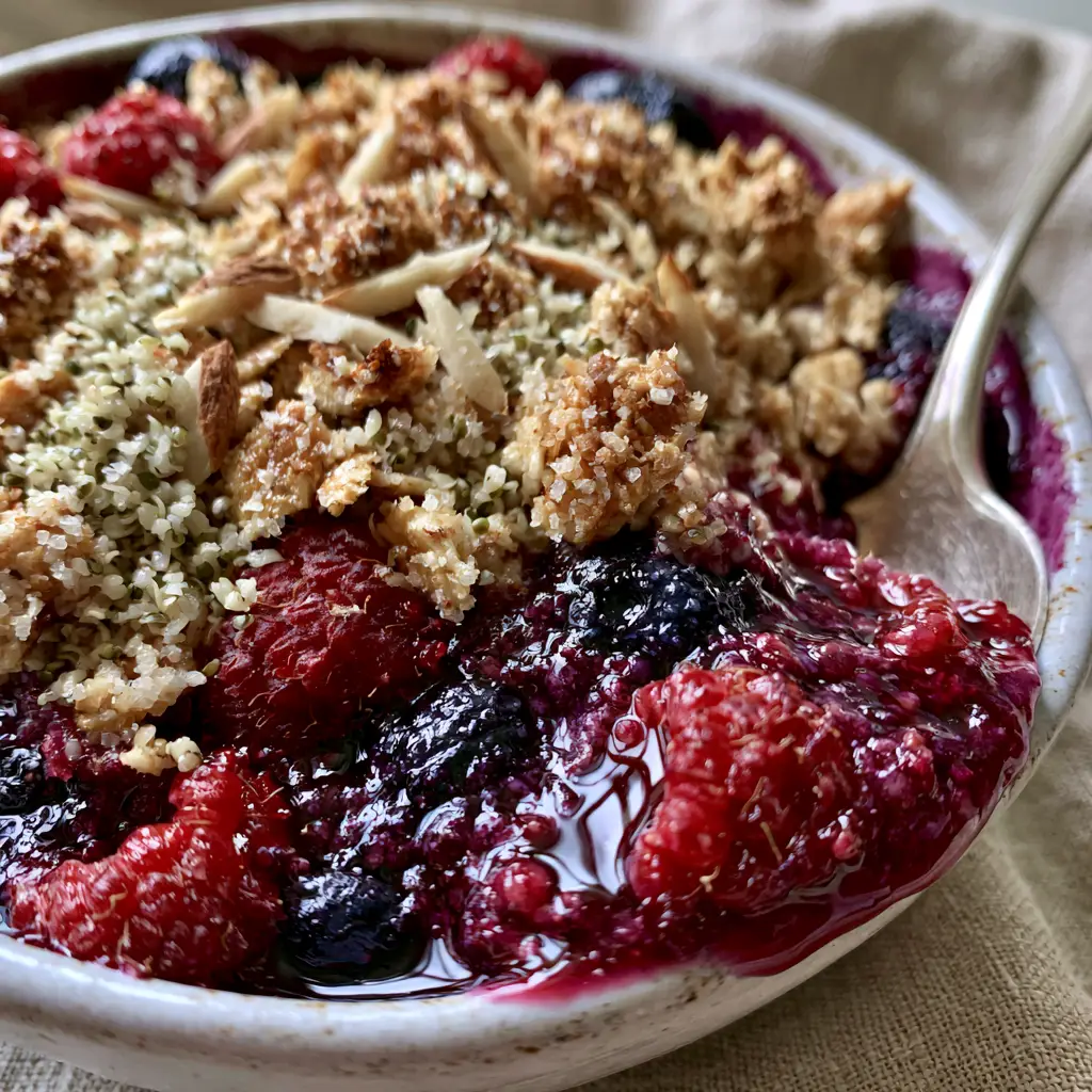 Extreme close-up of Breakfast Crumble showing bubbling blueberries, red raspberries, and golden-brown toasted oat clusters with hemp seeds.