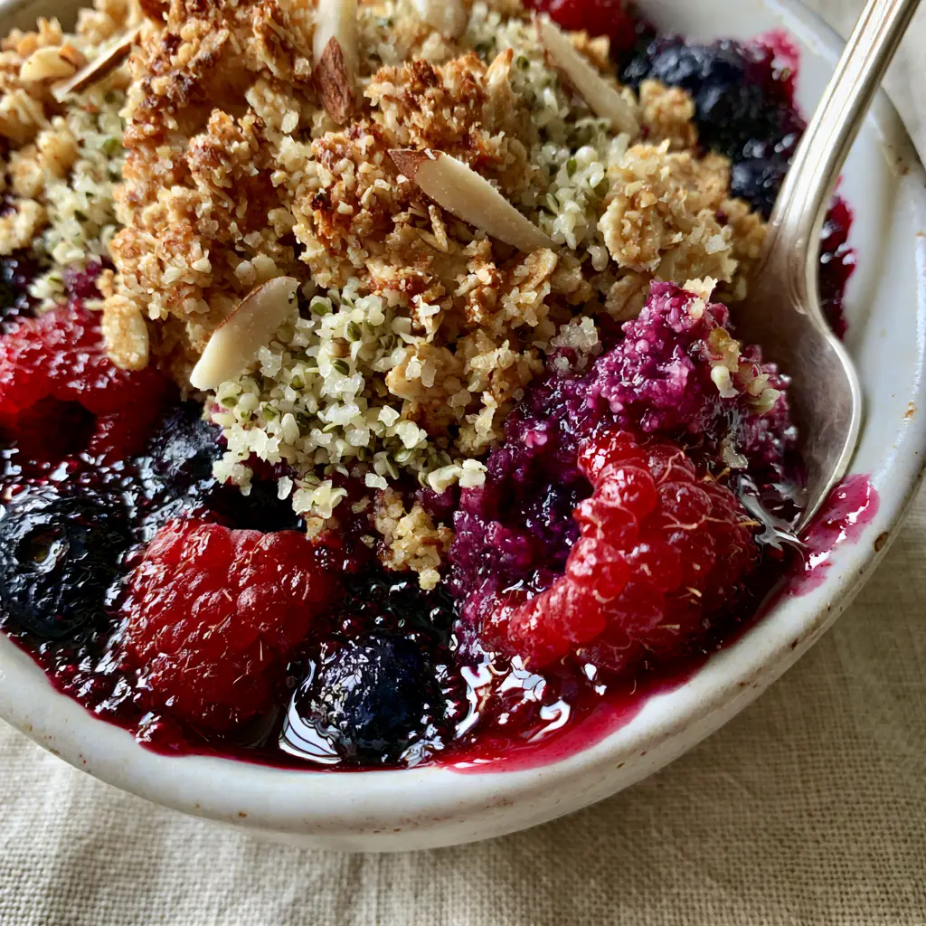 Close-up of a silver spoon submerged in a Breakfast Crumble, revealing steaming vibrant purple interior and glossy fruit nectar.