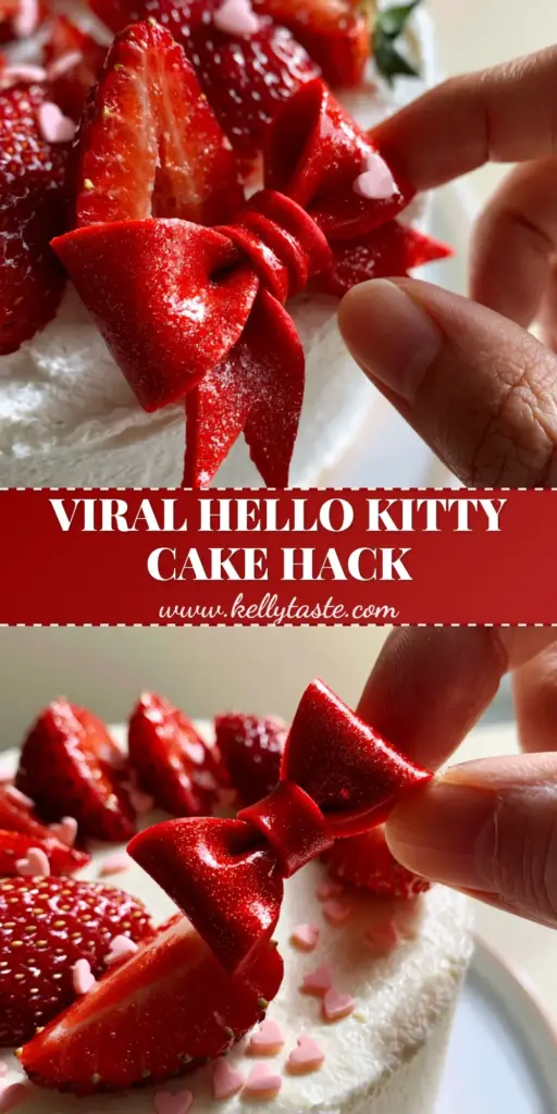 A minimalist white buttercream cake with fresh sliced strawberries and a glossy red bow. (Hello Kitty Birthday Party Ideas)