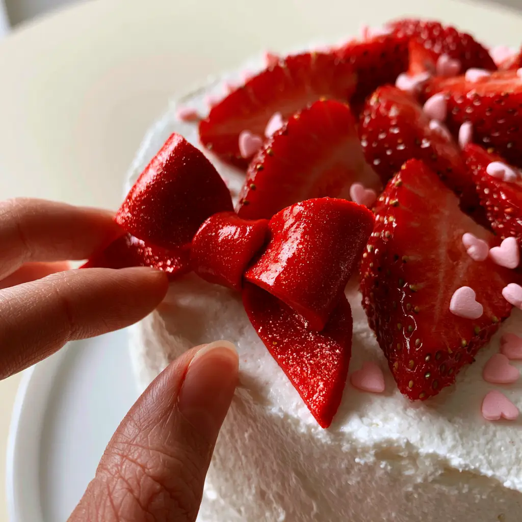 Extreme close-up of a hand placing a glossy red fondant bow onto a white cake with strawberries. (Hello Kitty Birthday Party Ideas)