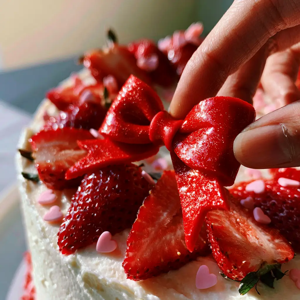 Close-up of creamy white frosting texture and vibrant red sliced strawberries on a minimalist cake.