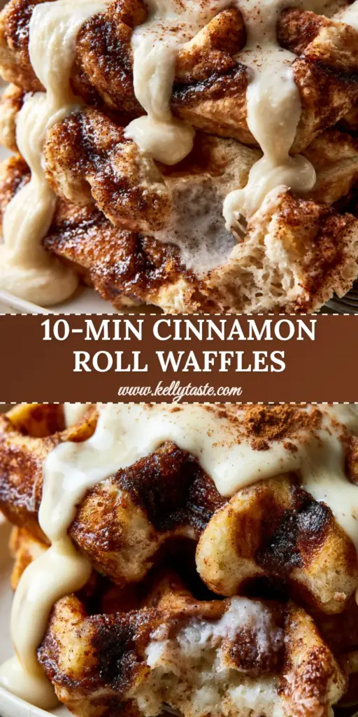 A towering stack of golden-brown Belgian cinnamon waffles topped with a thick, dripping cream cheese glaze and a dusting of cinnamon powder.
