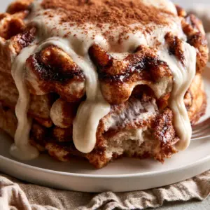 Macro shot of a Belgian waffle with deep crisp pockets, a dark cinnamon swirl, and ivory cream cheese glaze pooling in the craters. (cinnamon waffles)