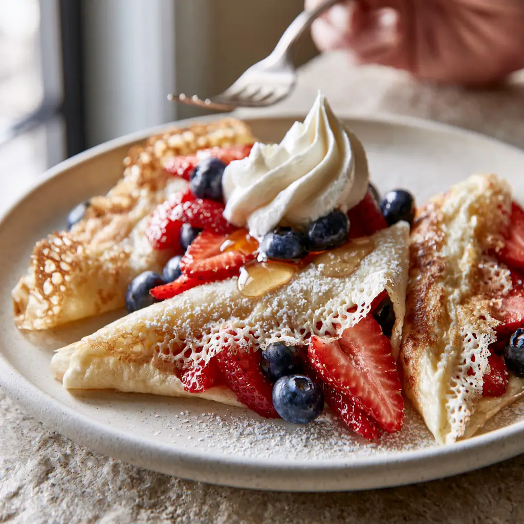Vertical close-up shot of paper-thin fruit crepes with lacy golden-brown edges and vibrant red strawberries. (fruit crepes)