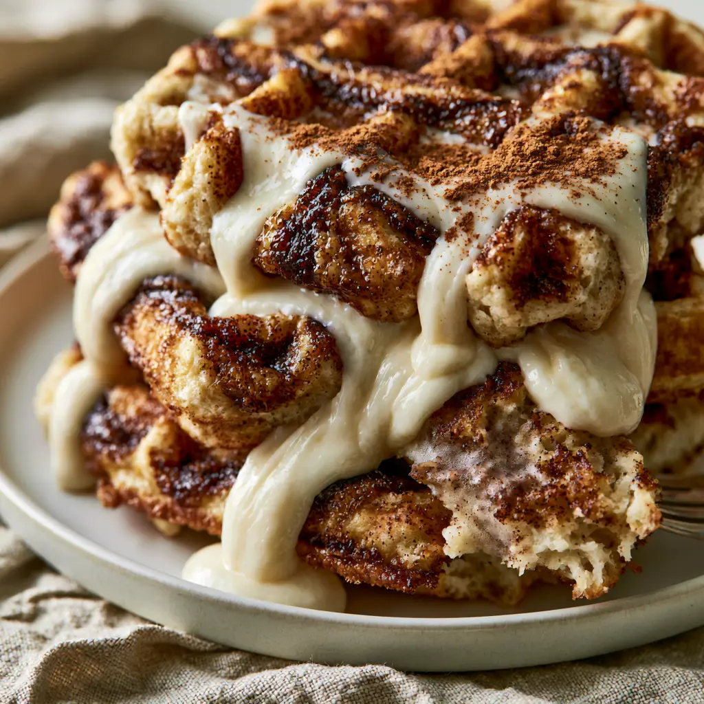A close-up of a fork pulling away a piece of a cinnamon waffle, revealing a steamy, soft, airy interior crumb.